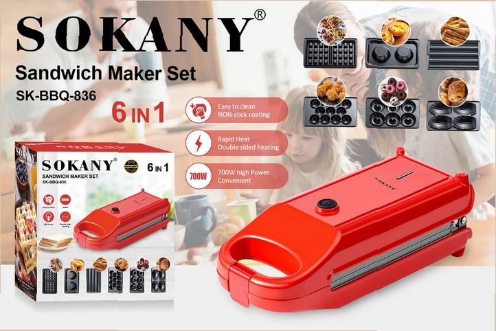 Мультипекар Sokany SK-BBQ-836 — 6 в 1 антипригарне покриття - Зображення 3